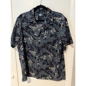 VRST Men's Performance Resort Shirt Size Medium Navy Fern Foliage Button Up Blue